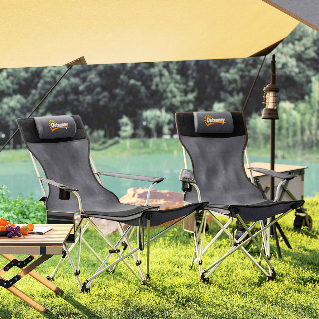 Outsunny Set of 2 Folding Camping Chairs with Footrest and Cup Holder, 82x50/100x88 cm, Grey