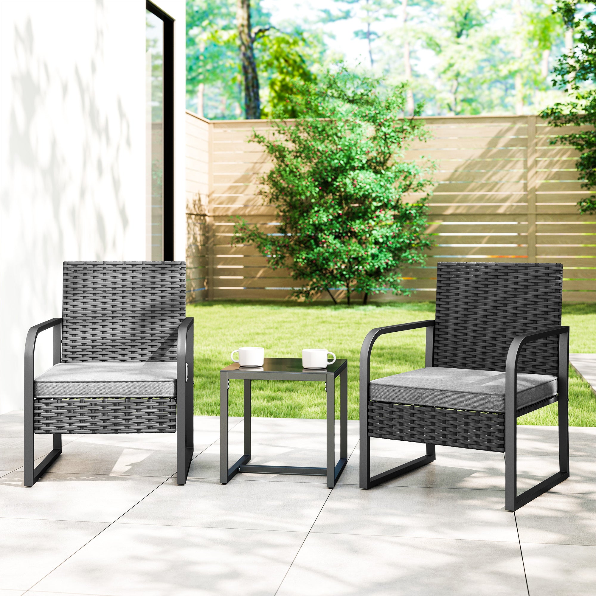 Outsunny Rattan Garden Lounge Set with 2 Outdoor Armchairs and Glass Top Coffee Table, Black