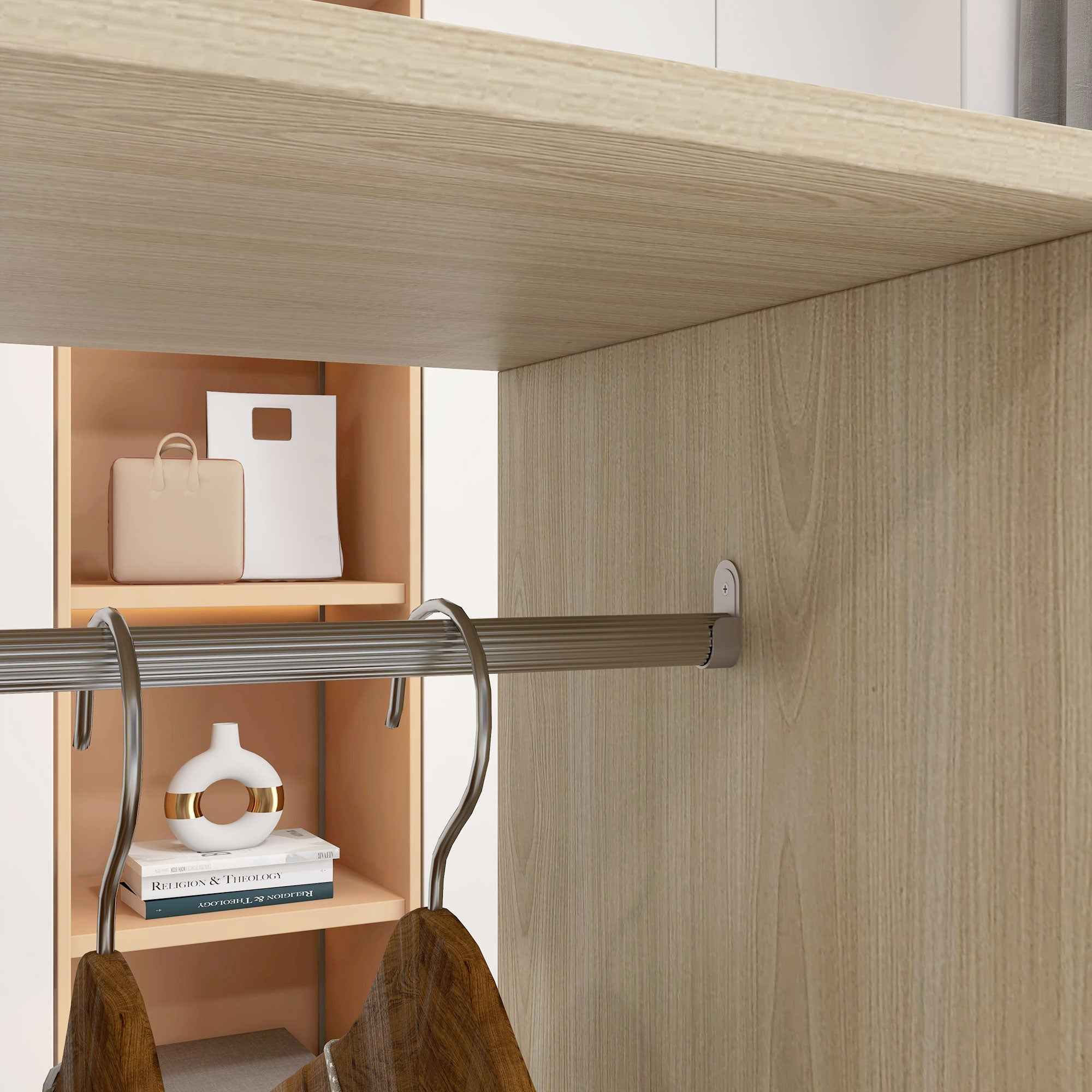 HOMCOM Wardrobe with Wheels, 2 Rods, and 3 Open Shelves, Made of Wood and Aluminum, 120x40x128 cm, Wood Color