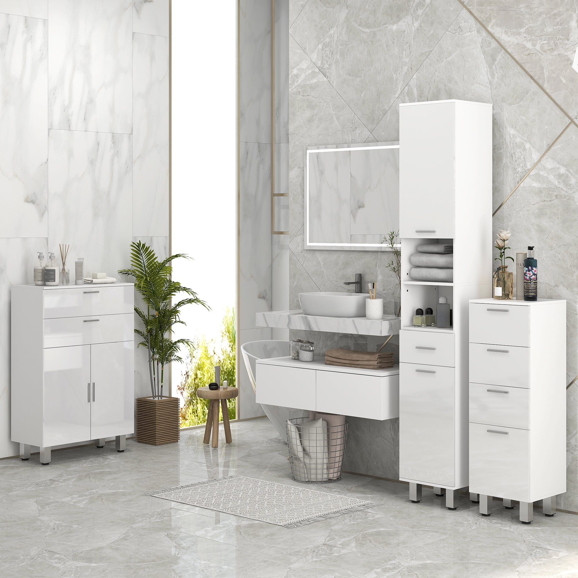 kleankin Bathroom Column with Drawer, 2 Open Shelves and 2 Double-Tier Cabinets, Made of Wood, 30x30x180 cm, Gloss White