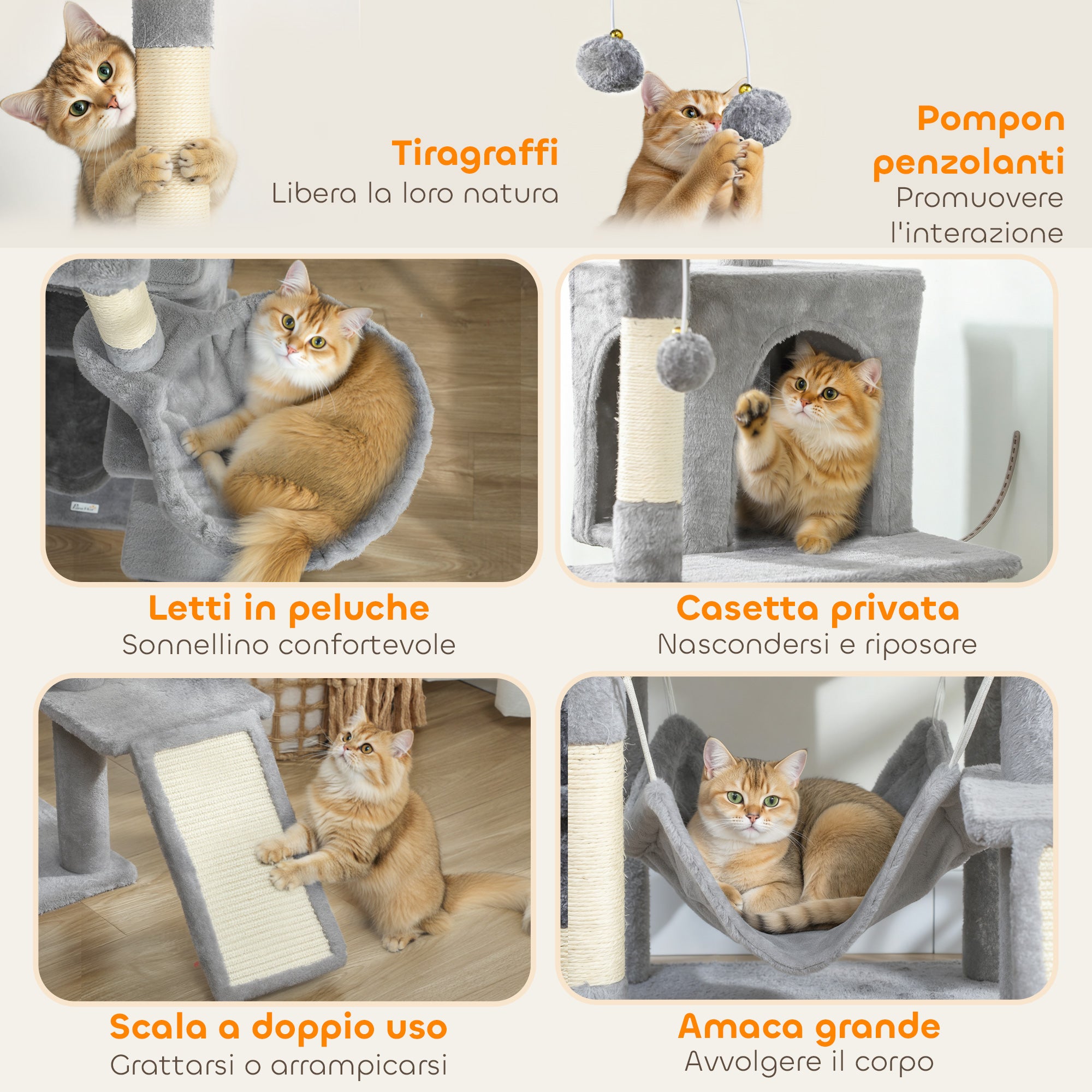 Cat Tree with Ladder, 2 Hammocks, 3 Perches, 2 Houses and 3 Platforms, 48x48x192 cm, Grey and Cream