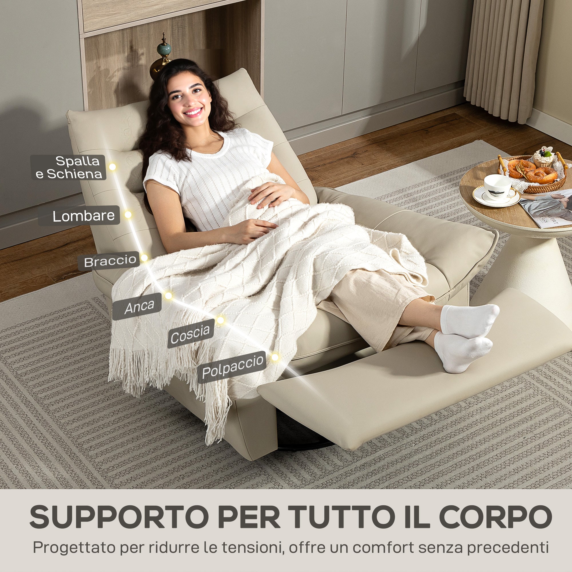 Manually Reclining Relaxing Chair with Footrest and Swivel Base without Armrests, Cream