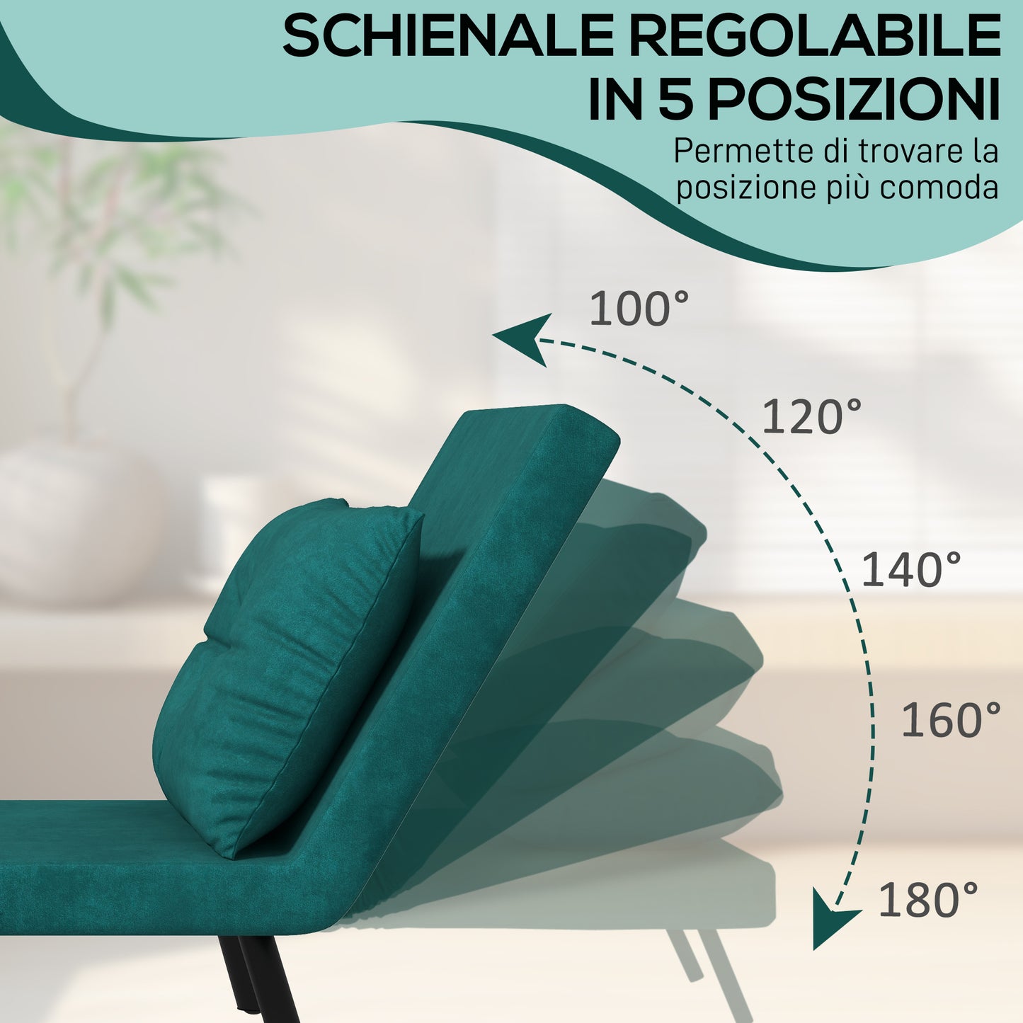 Velvet Green, 3 in 1 Sofa Bed with 5-Position Reclining Backrest and Cushion, 63x73x81 cm, Green