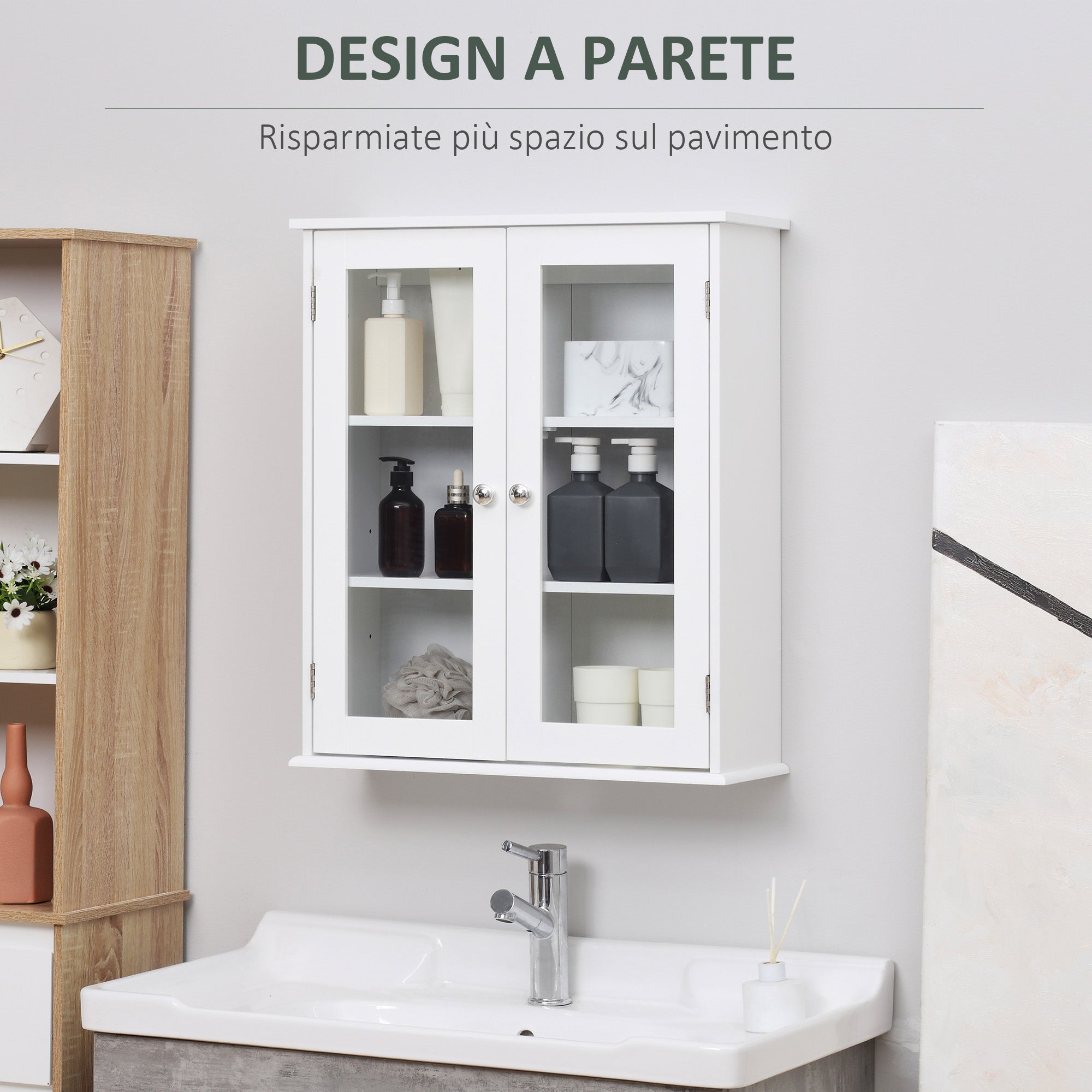kleankin 2-Door Bathroom Wall Cabinet in Wood and Glass with Adjustable Shelf, 55x20x65 cm, White