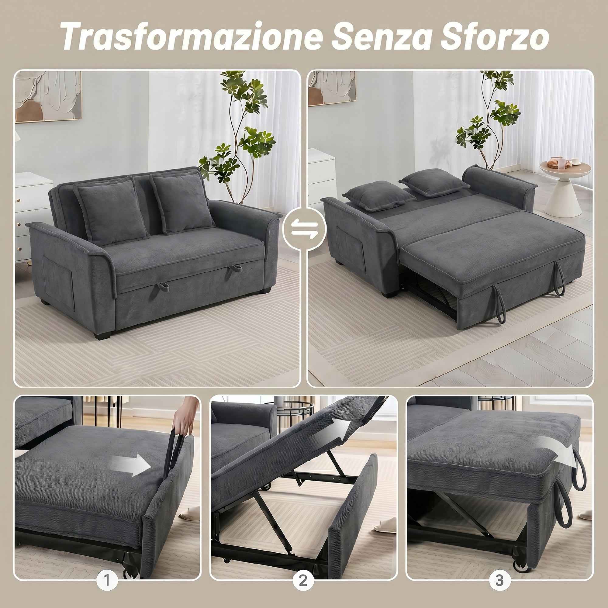 HOMCOM 3-in-1 2-Seater Sofa Bed with 3-Position Adjustable Backrest and 2 Cushions, Chenille, Dark Grey