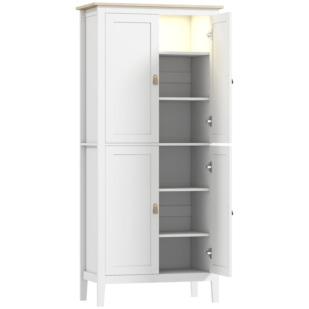 HOMCOM 177cm Tall Kitchen Sideboard, Kitchen Cabinet with LED Light, 3-Color Dimmable, Adjustable Shelves, White