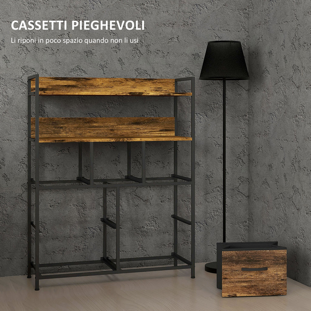 Chest of Drawers 7 Removable Drawers with 2 Shelves Industrial in Wood and Steel, 79x29x101 cm, Brown and Black
