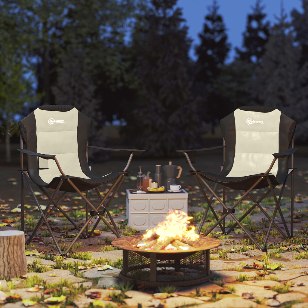 Set of 2 Folding Camping Chairs with High Backrest, Cup Holder and Carry Bags, Cream