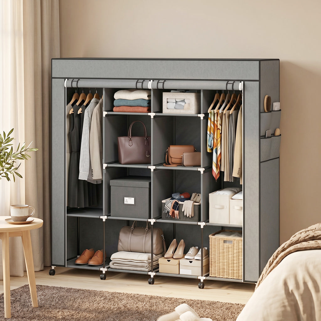 HOMCOM Portable Non-Woven Fabric and Steel Wardrobe with Wheels, 10 Compartments and 2 Hanging Rails, Dark Grey