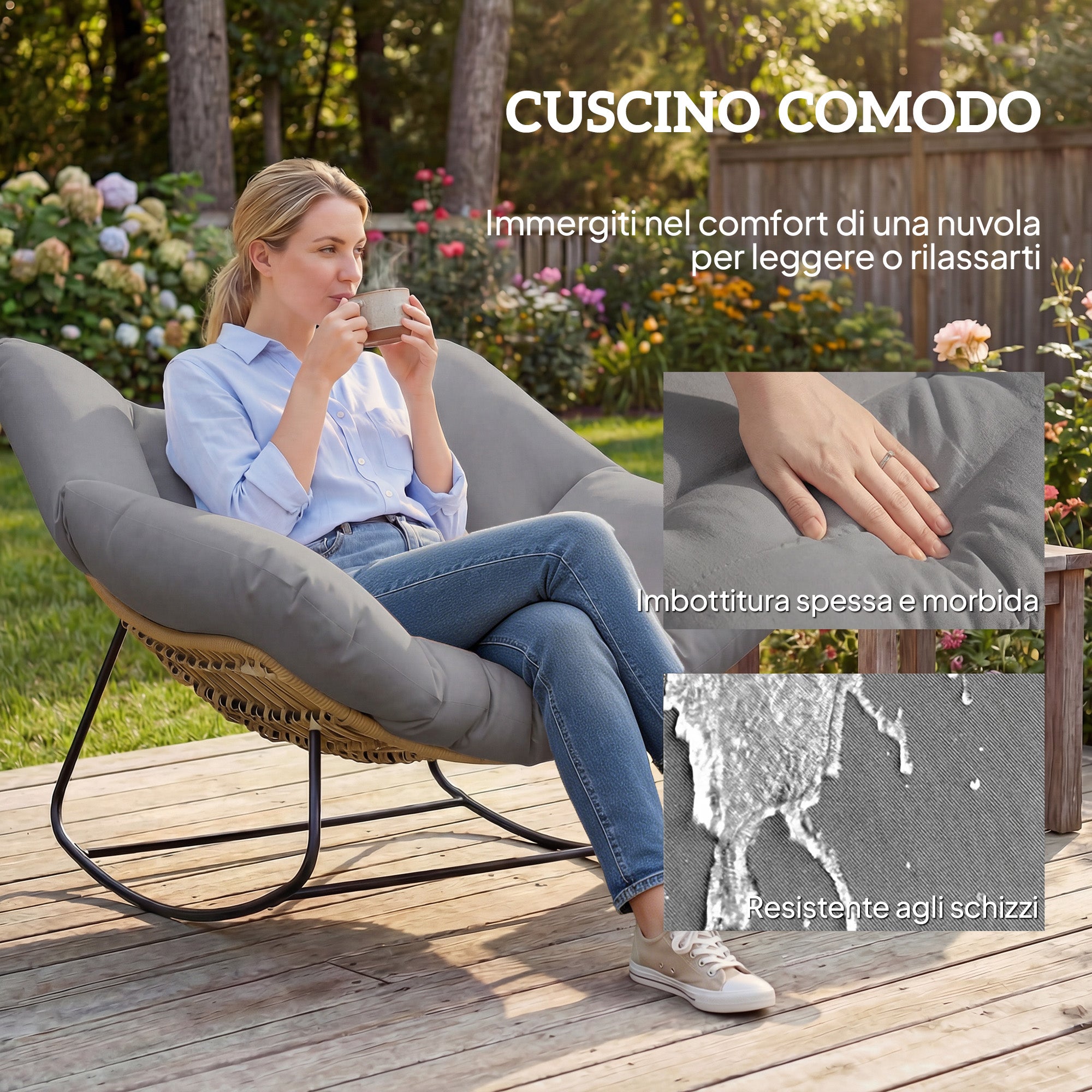 Indoor/Outdoor Rocking Chair with Extra-Wide 60cm Seat and Padded Cushion, Grey