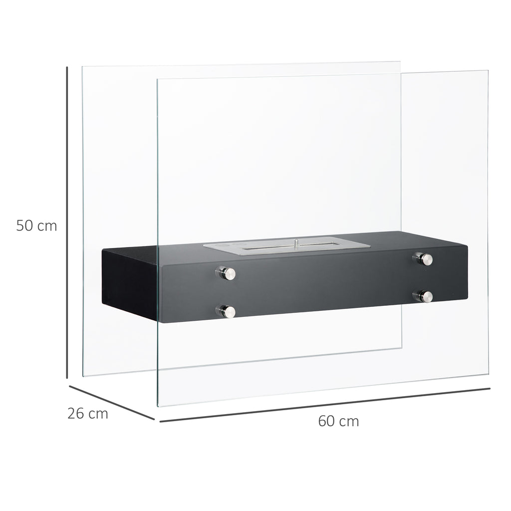 Bioethanol Fireplace in Metal and Glass, 3h of Combustion with 1.5L Tank and 25m² Coverage, 60x26x50 cm, Black