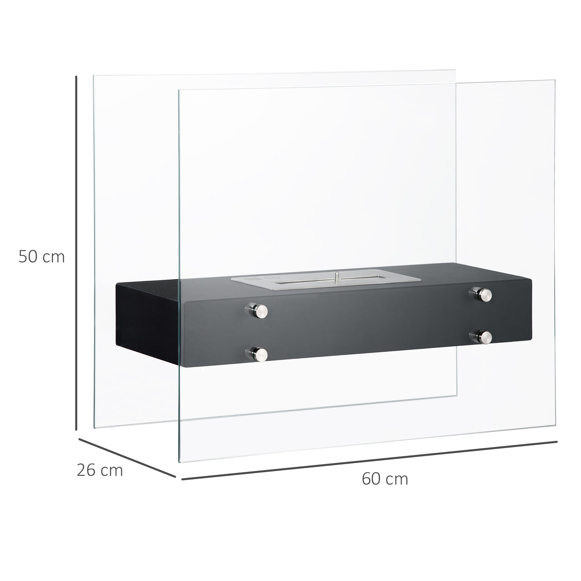 Bioethanol Fireplace in Metal and Glass, 3h of Combustion with 1.5L Tank and 25m² Coverage, 60x26x50 cm, Black