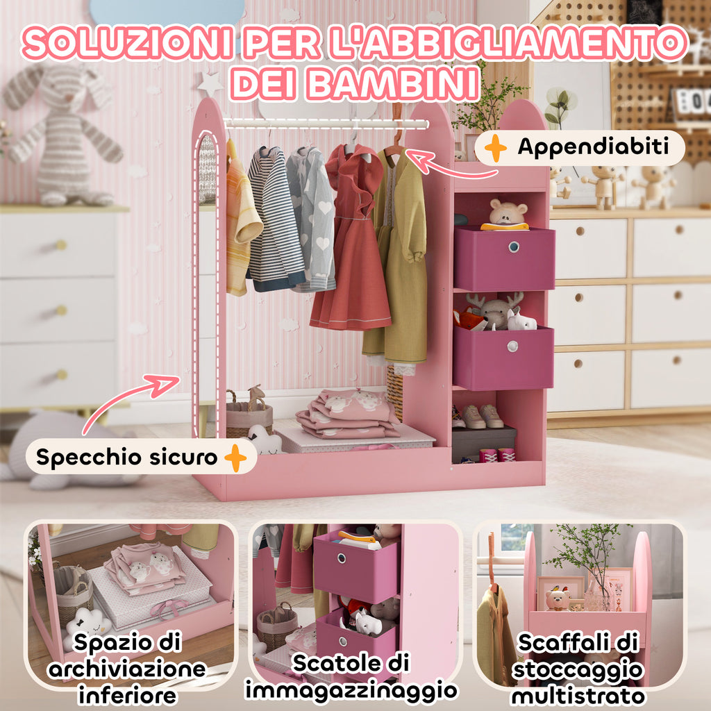 Children's Coat Rack Open Wardrobe with Shelves, Boxes, and Wooden Mirror, Pink