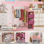 Children's Coat Rack Open Wardrobe with Shelves, Boxes, and Wooden Mirror, Pink
