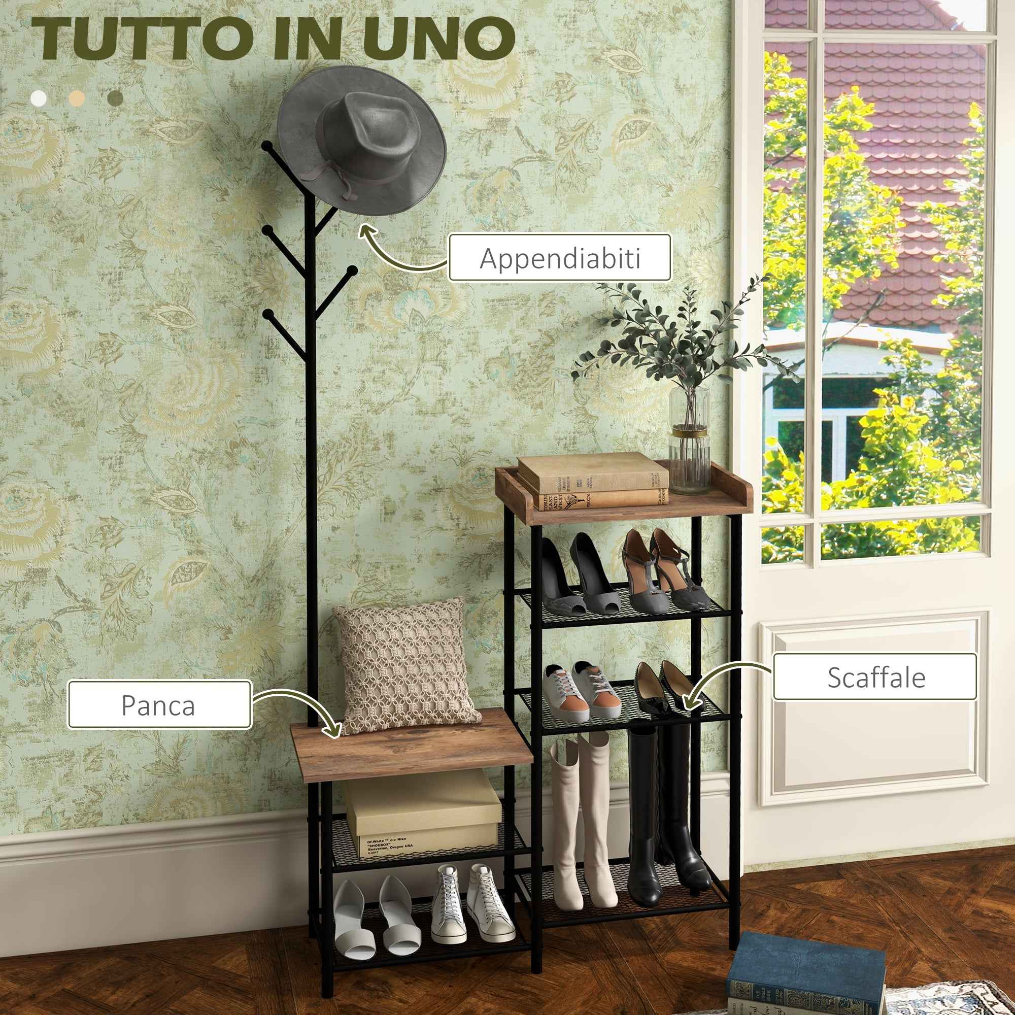 HOMCOM 6-Hook Coat Rack, Chipboard and Steel, Shoe Rack, 92.5 x 28.2 x 182 cm