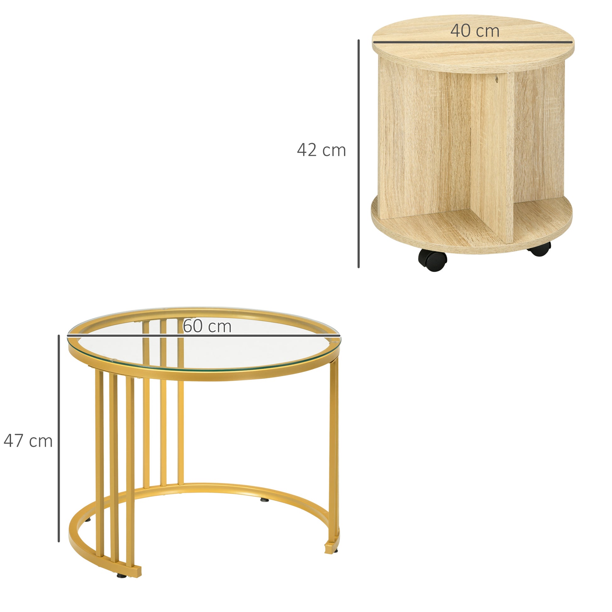 Set of 2 Round Coffee Tables with Stackable Design, 4 Lower Shelves and 4 Wheels, Gold and Oak - Borgè