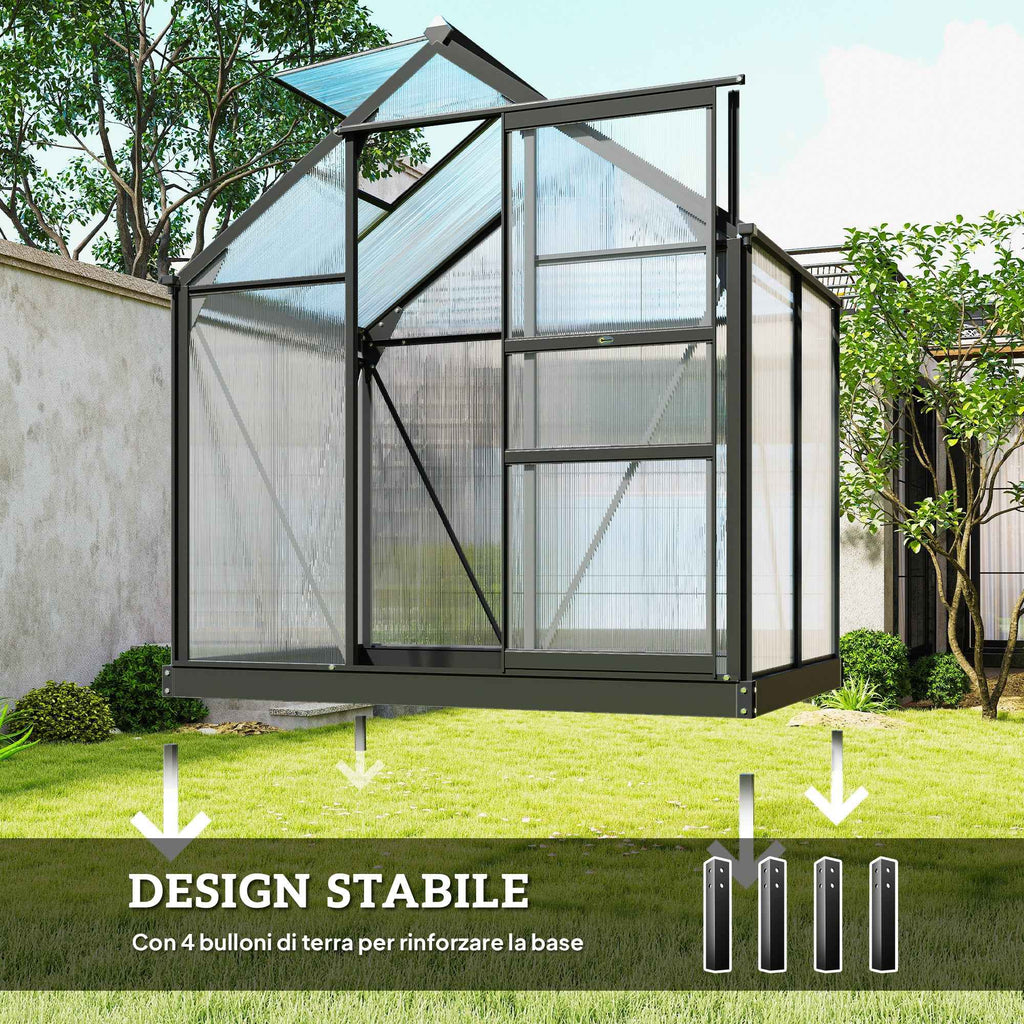 Outsunny Polycarbonate and Aluminum Garden Greenhouse with Sliding Door and Window, 190x132x201 cm, Gray