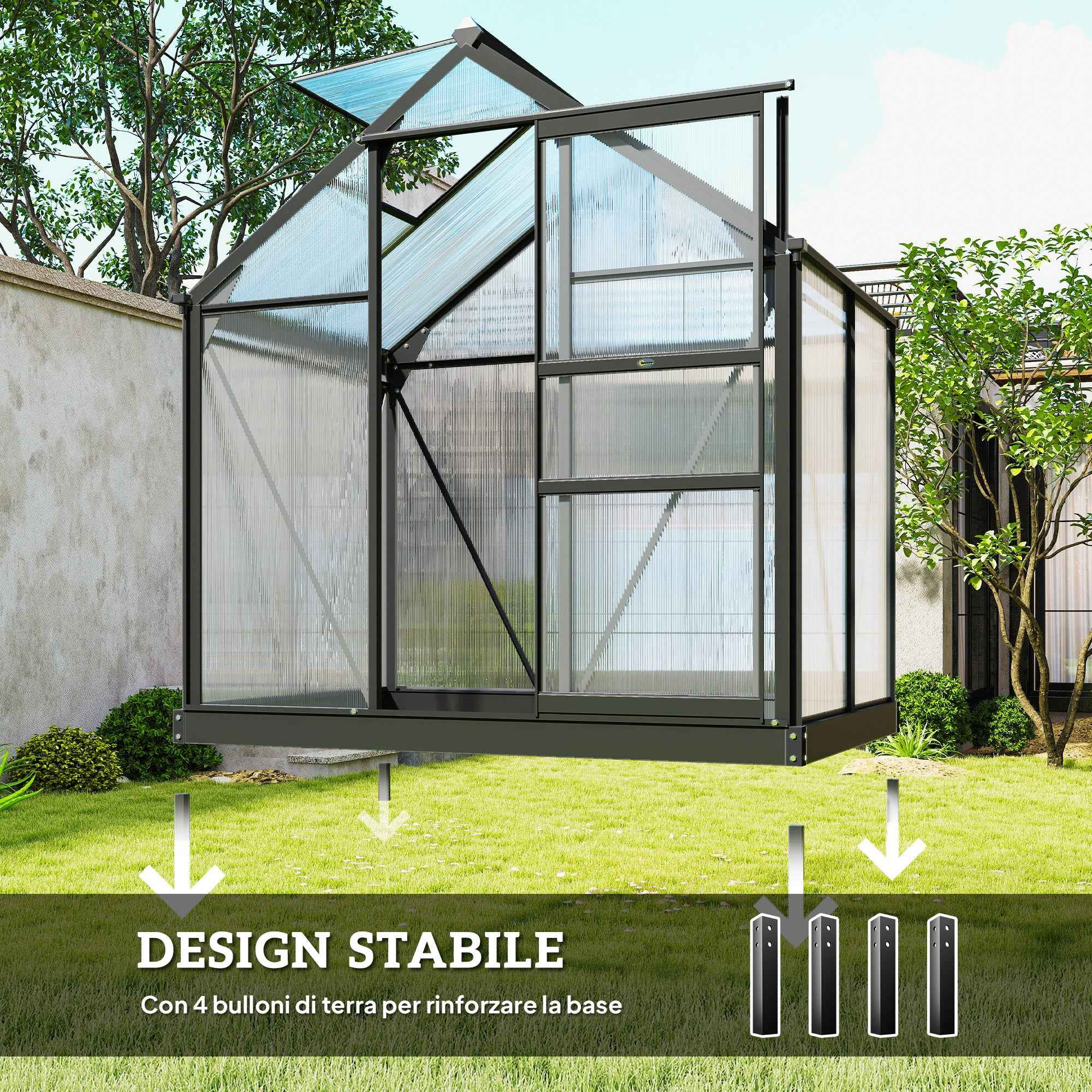 Outsunny Polycarbonate and Aluminum Garden Greenhouse with Sliding Door and Window, 190x132x201 cm, Gray
