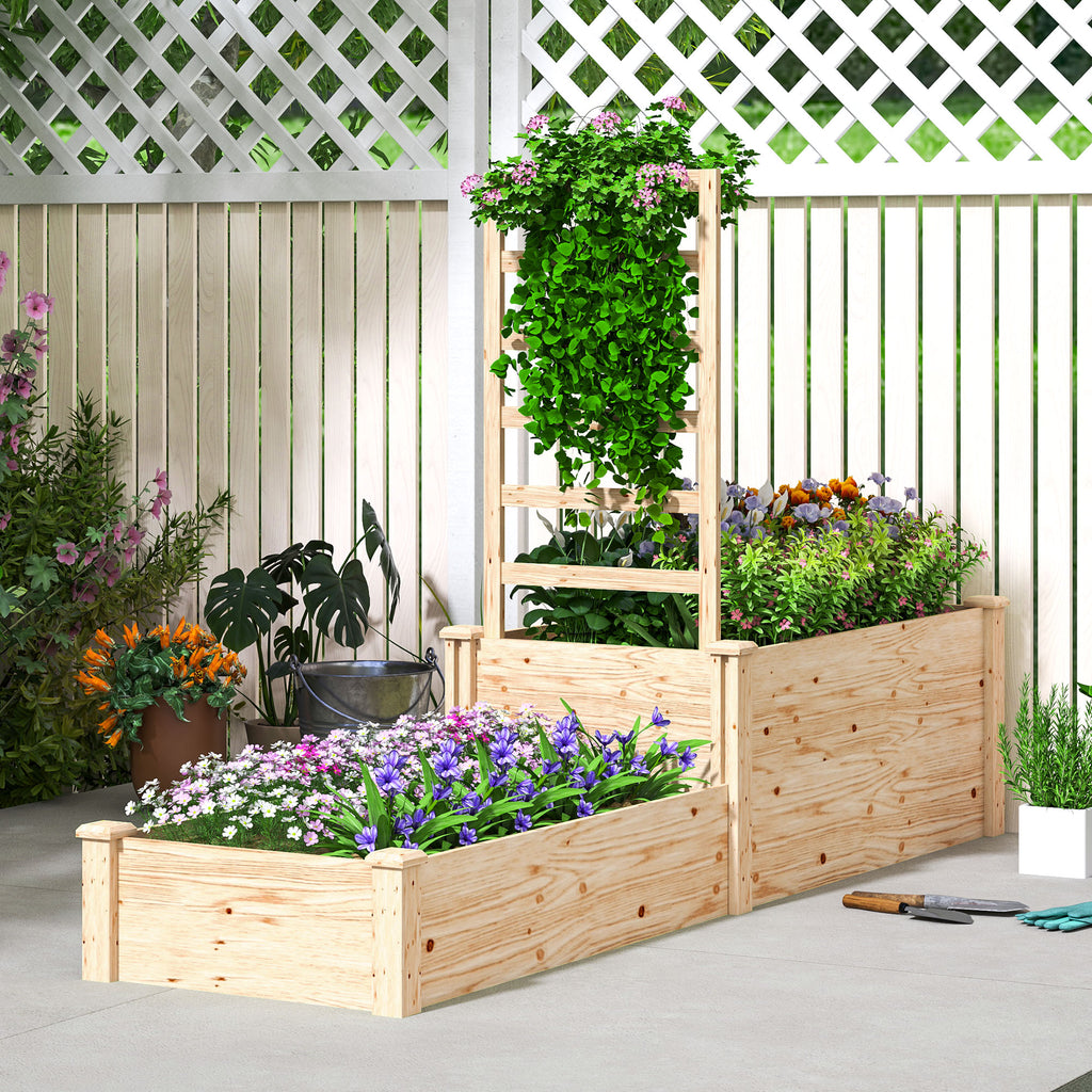 Raised Planter with Trellis for Climbing Plants and Divider, in Fir Wood, 222x63x132 cm, Wood Color
