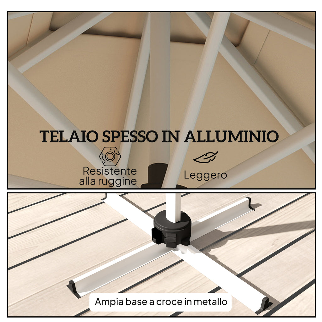 Tilting Arm Umbrella with Cross Base, in Polyester, Aluminum and Metal, 295x295x260 cm, Khaki