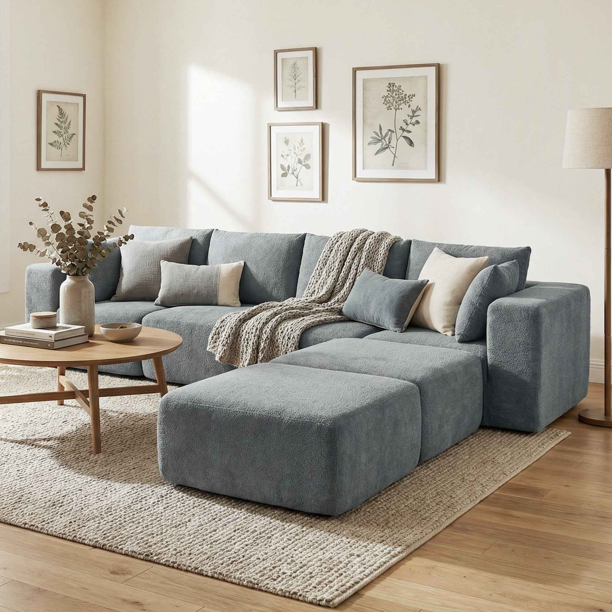 Modular Corner Sofa in Velvet Fabric with Cushions, 294x165x70 cm, Dark Grey