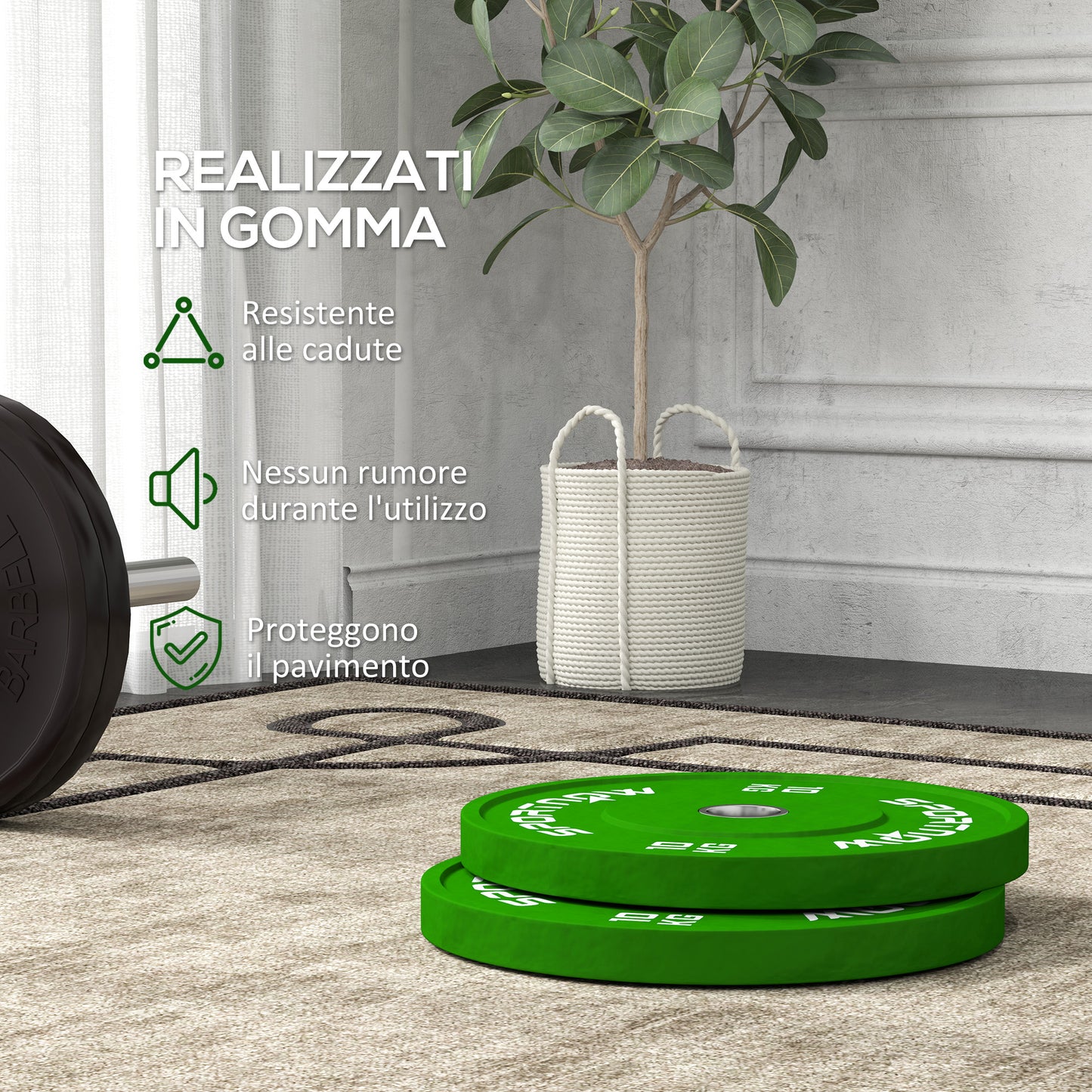 Set of 2 10kg Rubber Weight Plates with 2"/5 cm Hole for Dumbbells and Barbells, Green