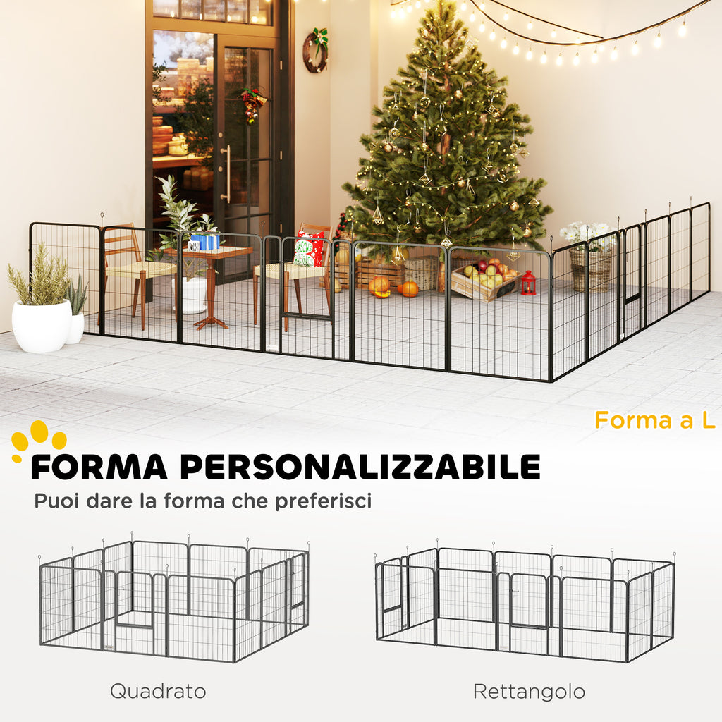 Dog Fence with 12 Modular Panels of 68x1.5x80cm in Black Steel with Entrance Door