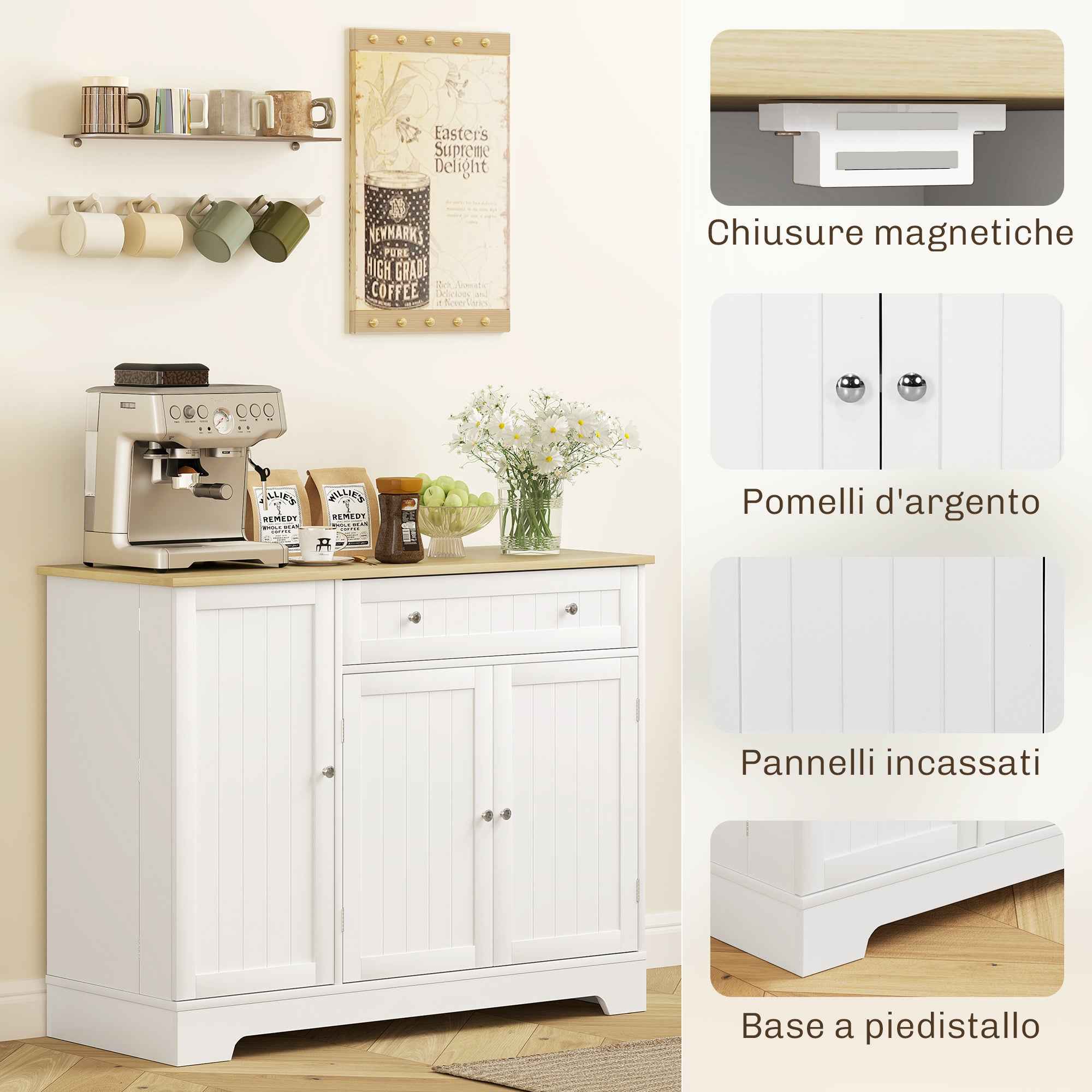 HOMCOM Modern Sideboard with Storage Space, Buffet Cabinet with Drawer, Adjustable Shelves, Small Kitchen Pantry with Door Shelves, White