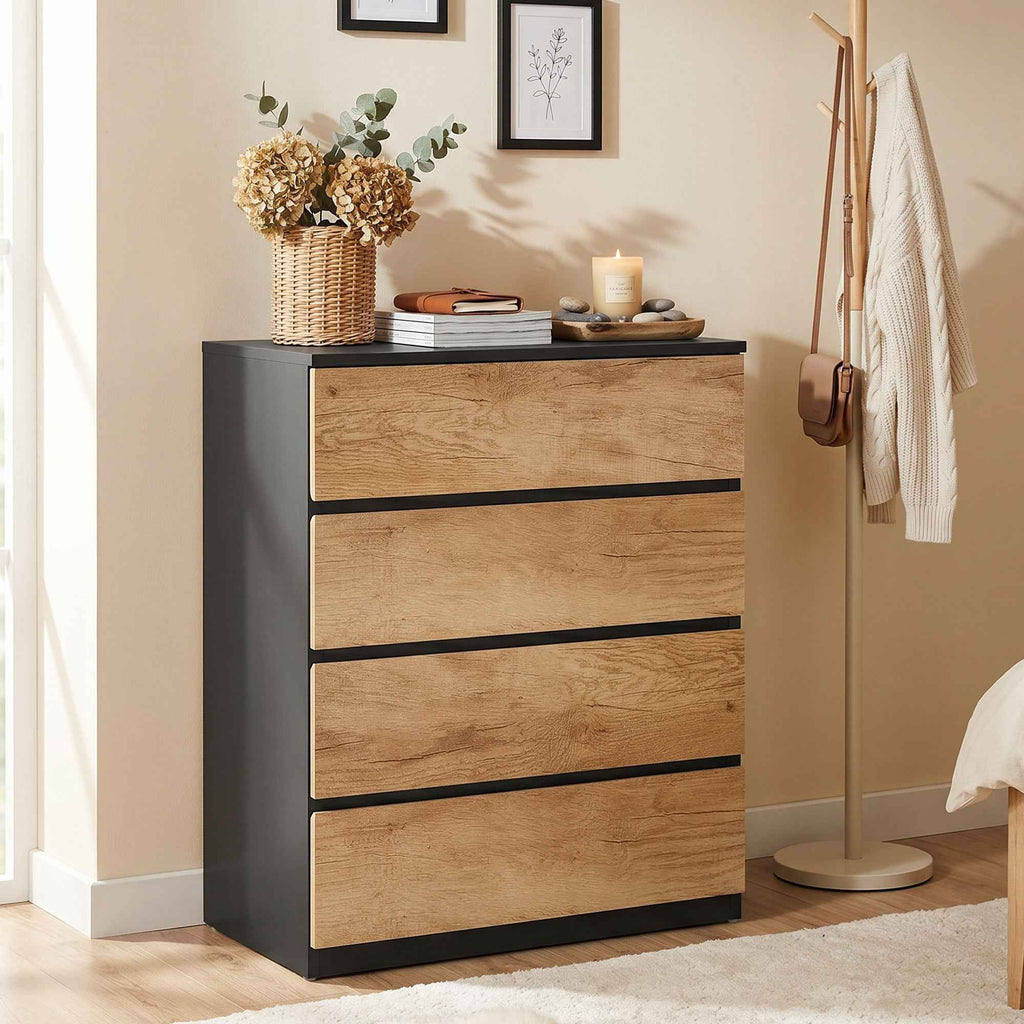 HOMCOM 4-Drawer Wooden Chest of Drawers with Metal Rails and Grooved Handles, 60x40x80 cm, Black and Oak