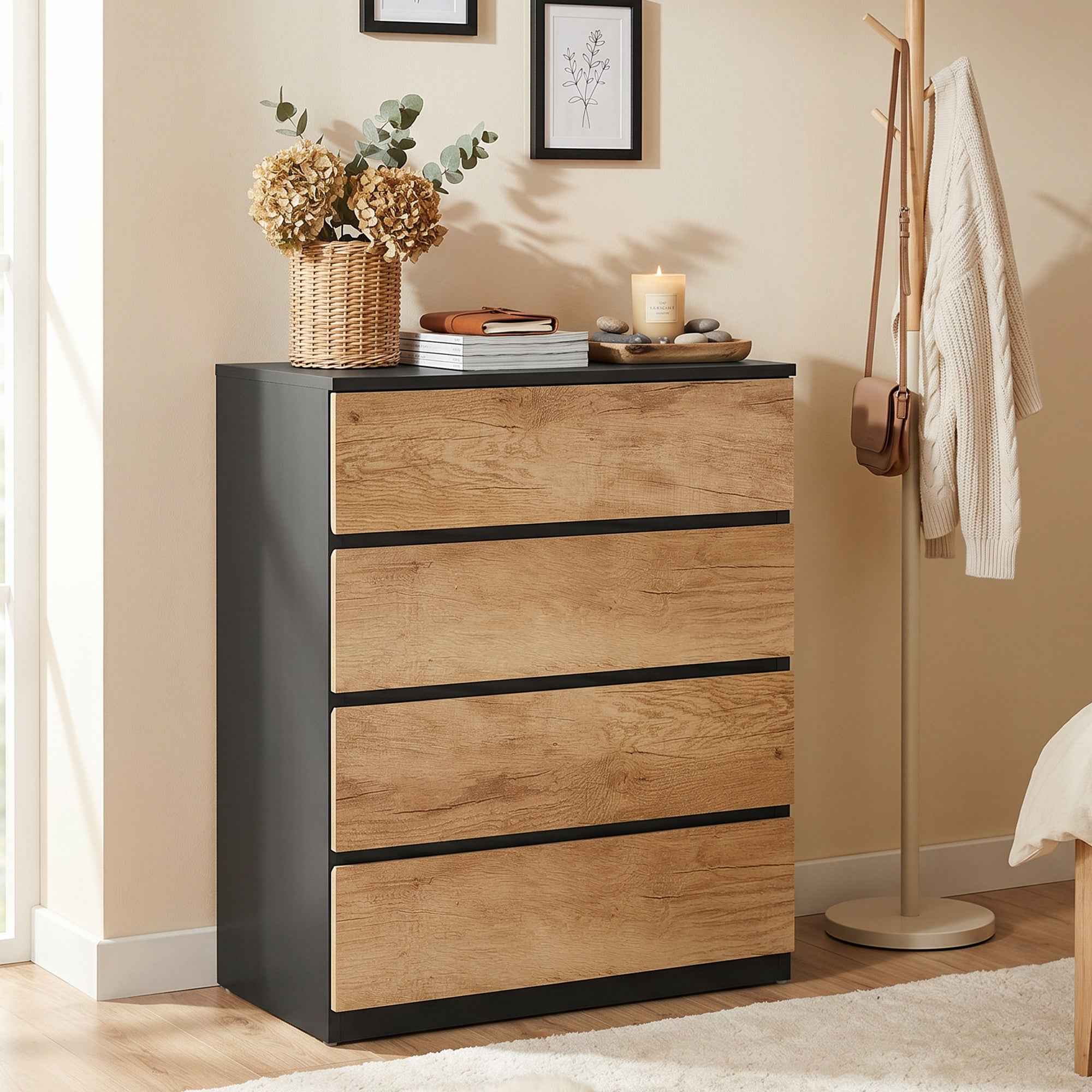 HOMCOM 4-Drawer Wooden Chest of Drawers with Metal Rails and Grooved Handles, 60x40x80 cm, Black and Oak