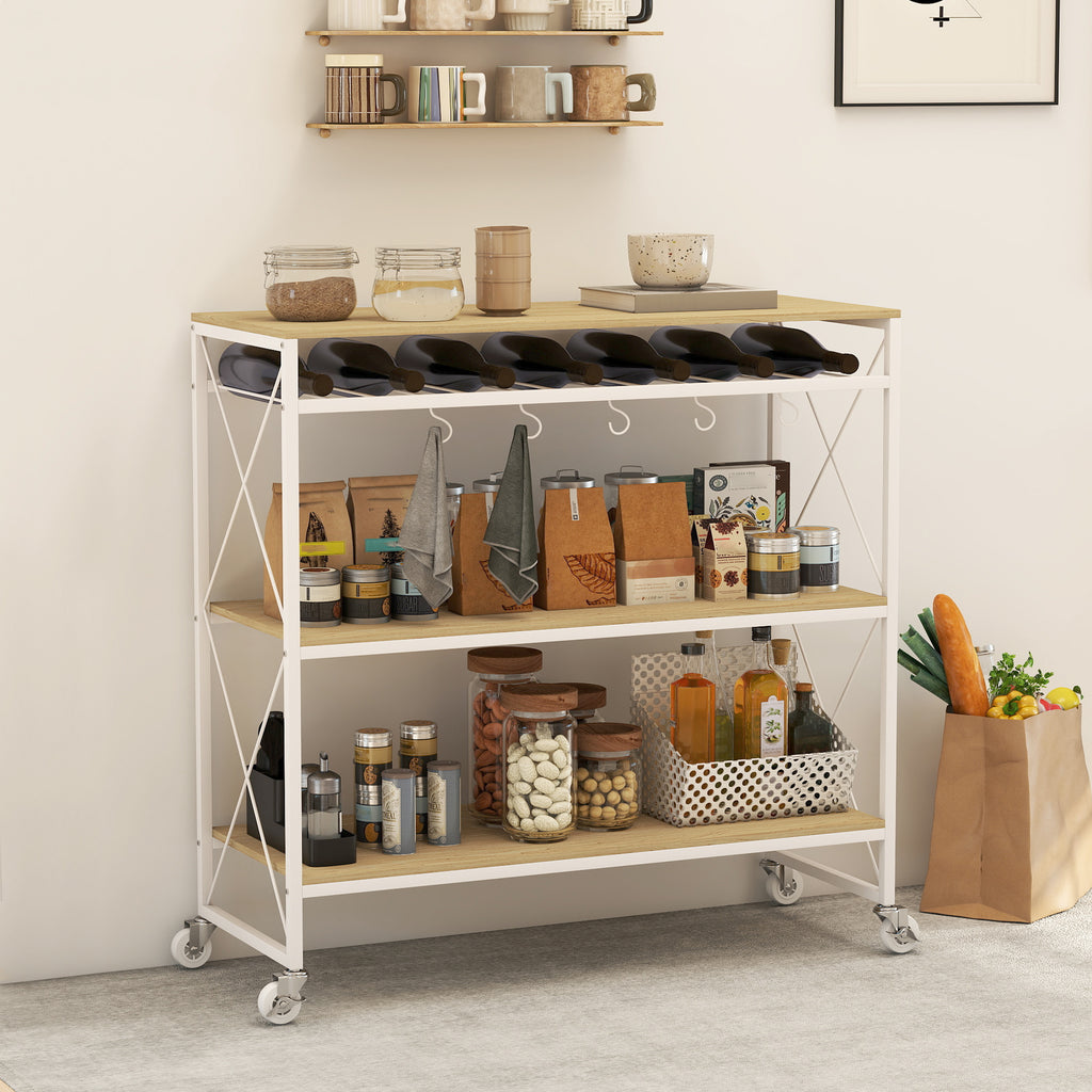4-Tier Serving Trolley with Bottle Holder and 5 Removable Hooks, Wood and Metal, 96.5x38x96.7 cm