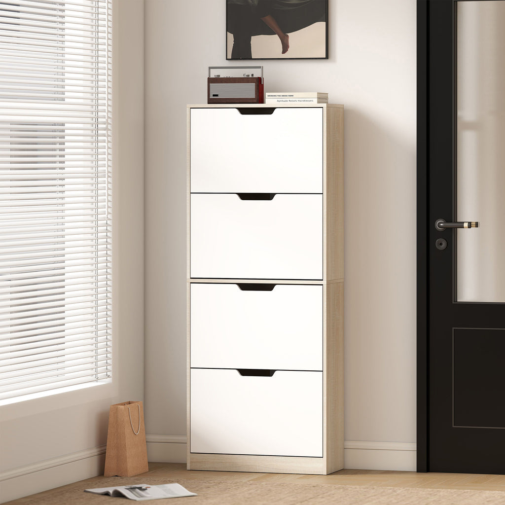 Space-Saving Slim Shoe Rack with 4 Drawers for 20 Pairs of Shoes, 62.5 x 26 x 156 cm, Wood and White
