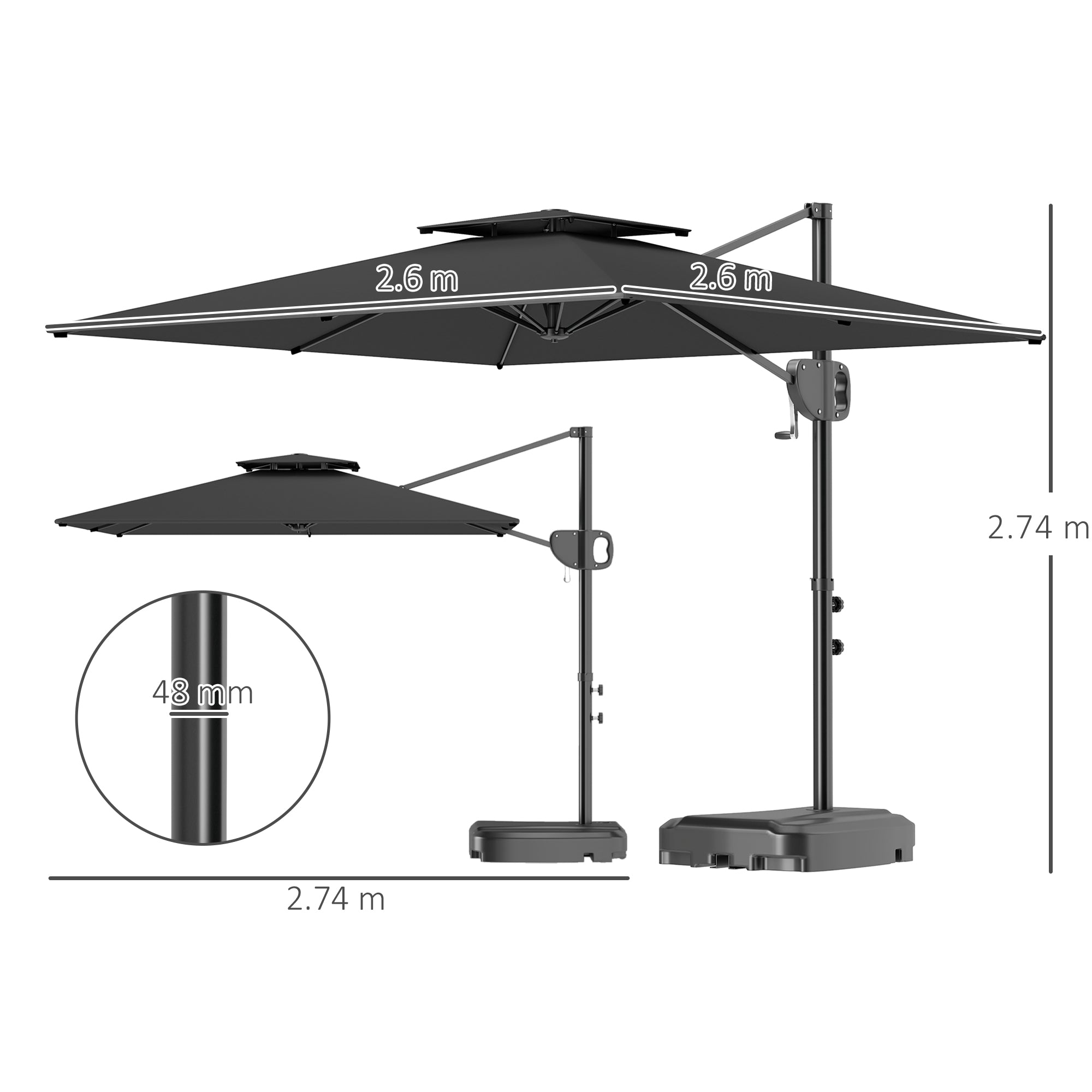 Arm Umbrella 2.5x2.5 m with Fillable Base, Crank and Tilting Head, Dark Gray
