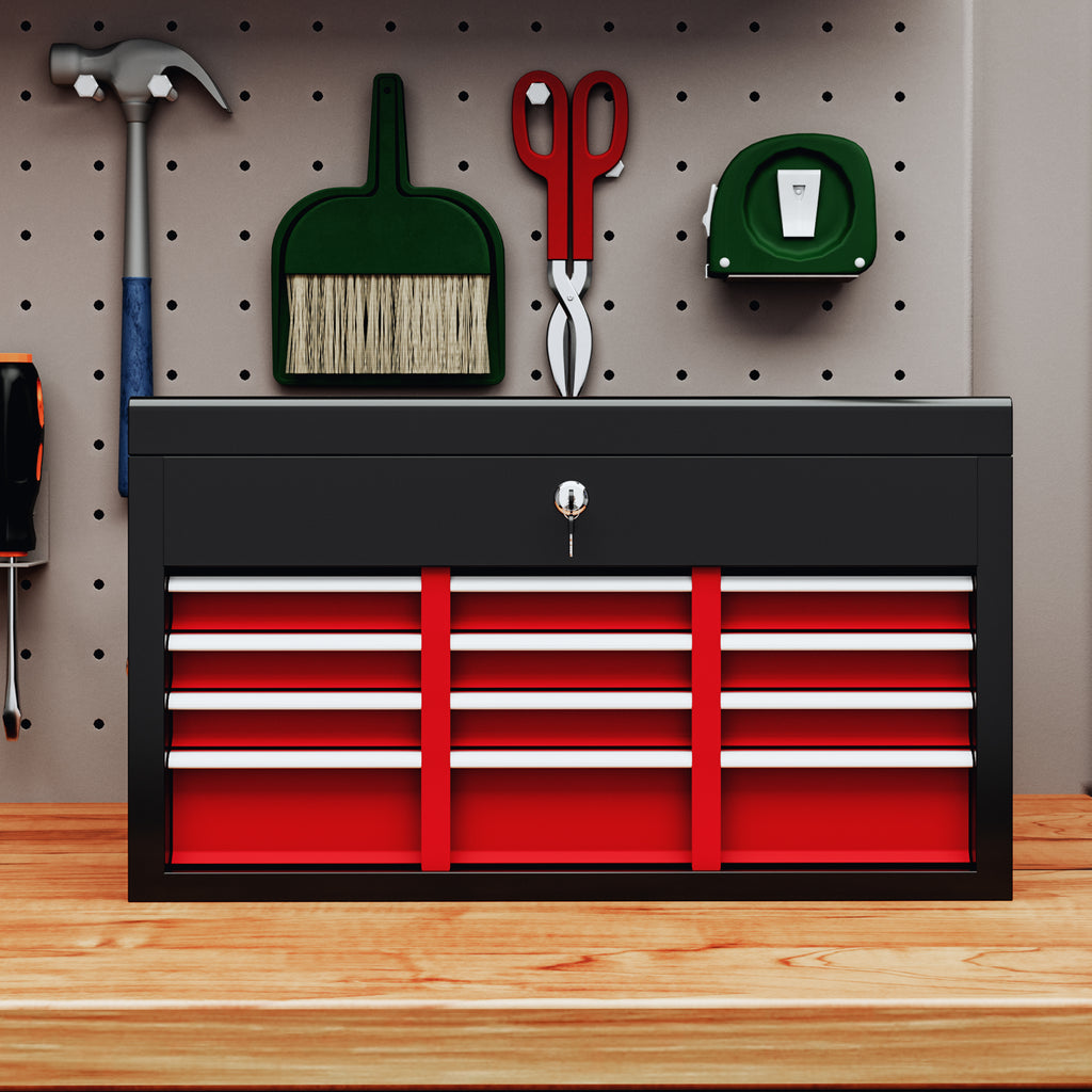 Tool Box with 6 Drawers in Steel with Lock, 60x26x34cm, Black and Red