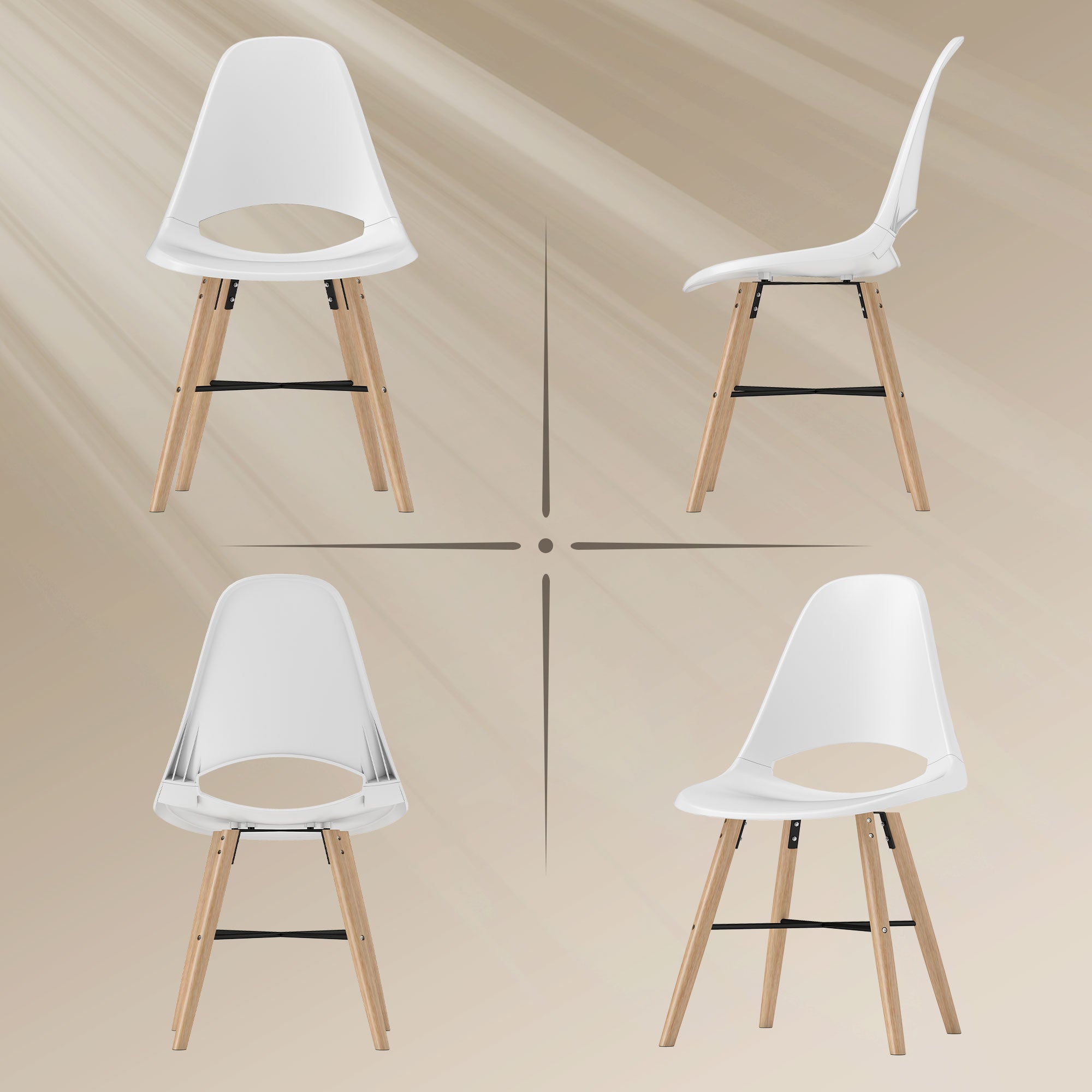 Set of 2 Nordic Style Plastic and Wood Dining Chairs with Curved Backrest, White