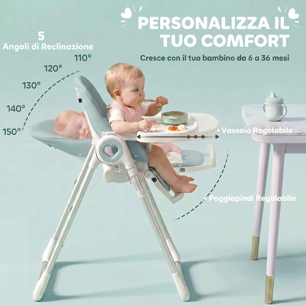 AIYAPLAY Folding High Chair for Babies 6-36 Months, Adjustable Height, Double Washable Tray and Wheels, Green