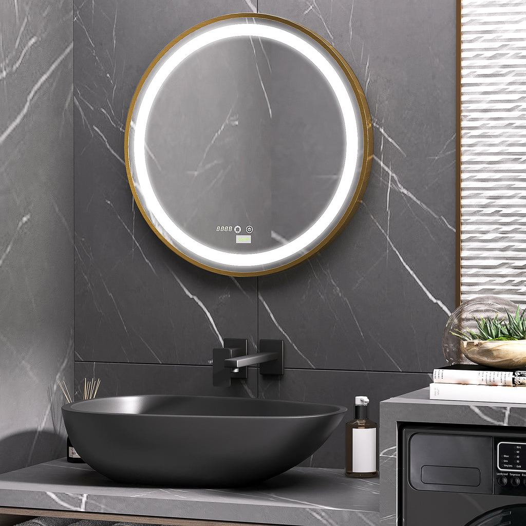 Bathroom Mirror with LED Light, 3-Tone Adjustable Brightness and Memory Function, Ø60 cm, Gold