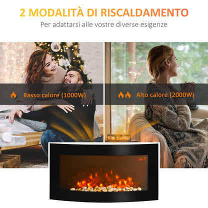 Electric Fireplace Wall and Built-in with 7-Color LED Light, Power 1000/2000W and Temperature 15-30°C, Black