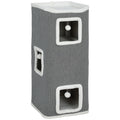 Tower with 3 Houses, 3 Balls and Perch, Made of Wood, Fabric and Plush, 41x41x100 cm, Grey and White