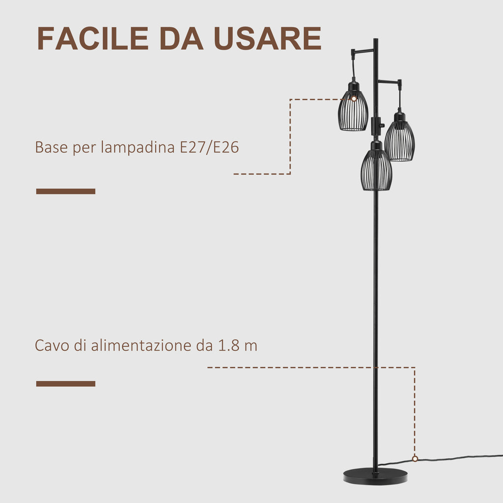 Industrial Floor Lamp with 3 Lampshades and Adjustable Dimmer, Steel, 30x30x170.5 cm, Black