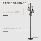 Industrial Floor Lamp with 3 Lampshades and Adjustable Dimmer, Steel, 30x30x170.5 cm, Black