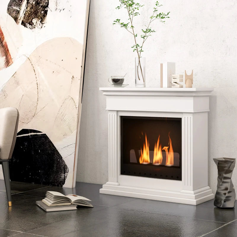 White Bioethanol Fireplace with 3 0.4L burners, glass panel and cover 18, 76x28x76cm - Borgè