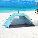 Pop Up Beach Tent with Zipper Door, in Polyester and Fiberglass, 220x173x120 cm, Light Blue and Yellow