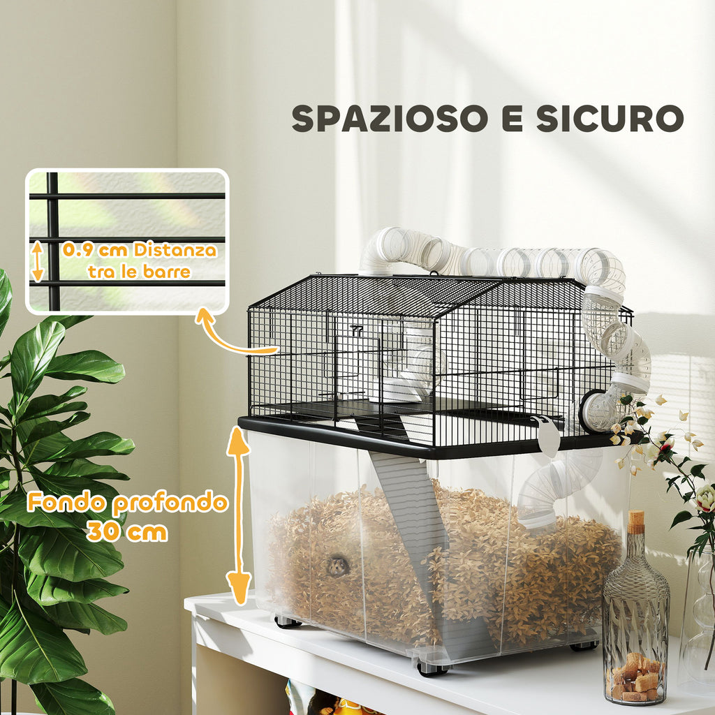 2-Tier Hamster Cage with Wheels, Tubes, Bowl, Bottle and Ramp, 58x43x57 cm, Black