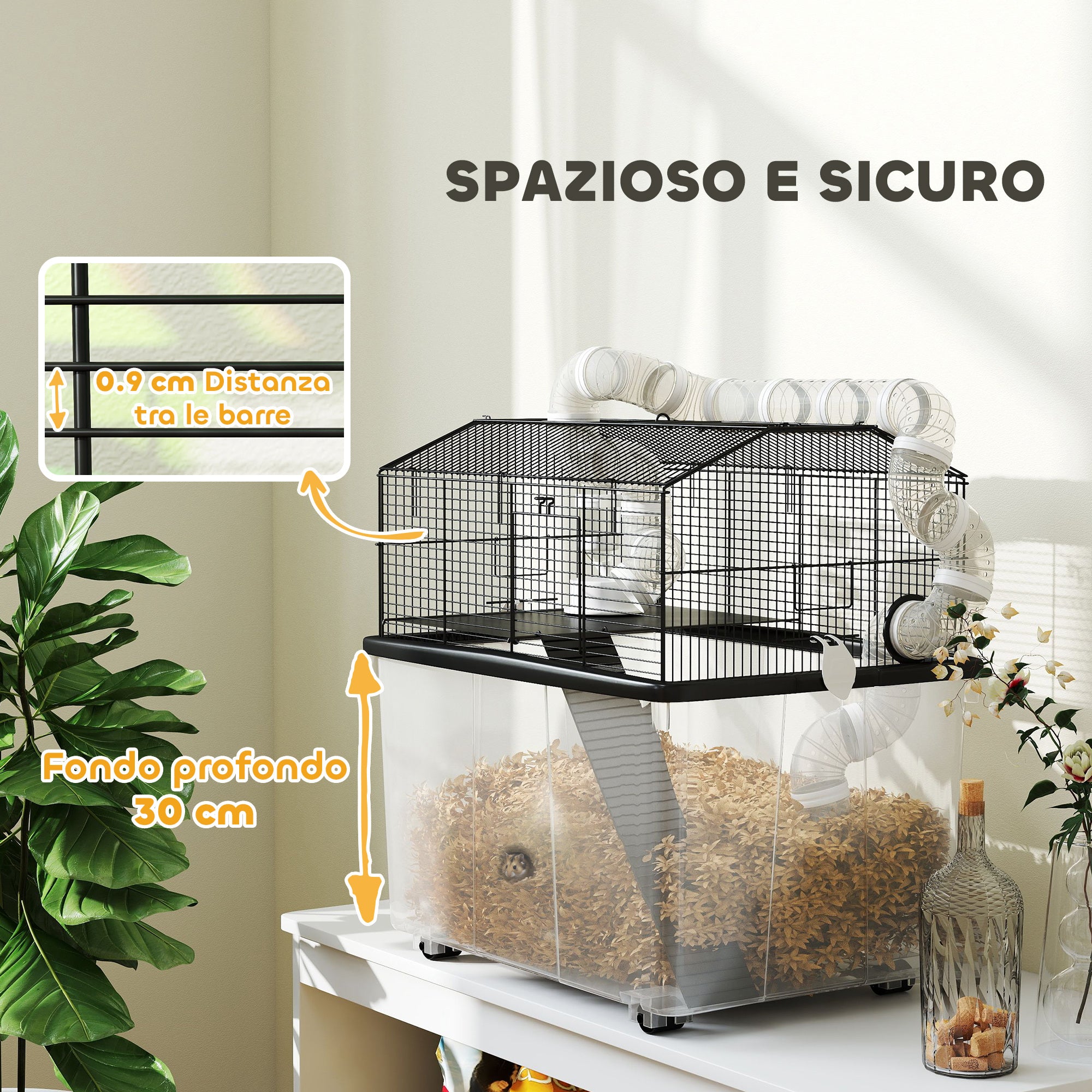 2-Tier Hamster Cage with Wheels, Tubes, Bowl, Bottle and Ramp, 58x43x57 cm, Black