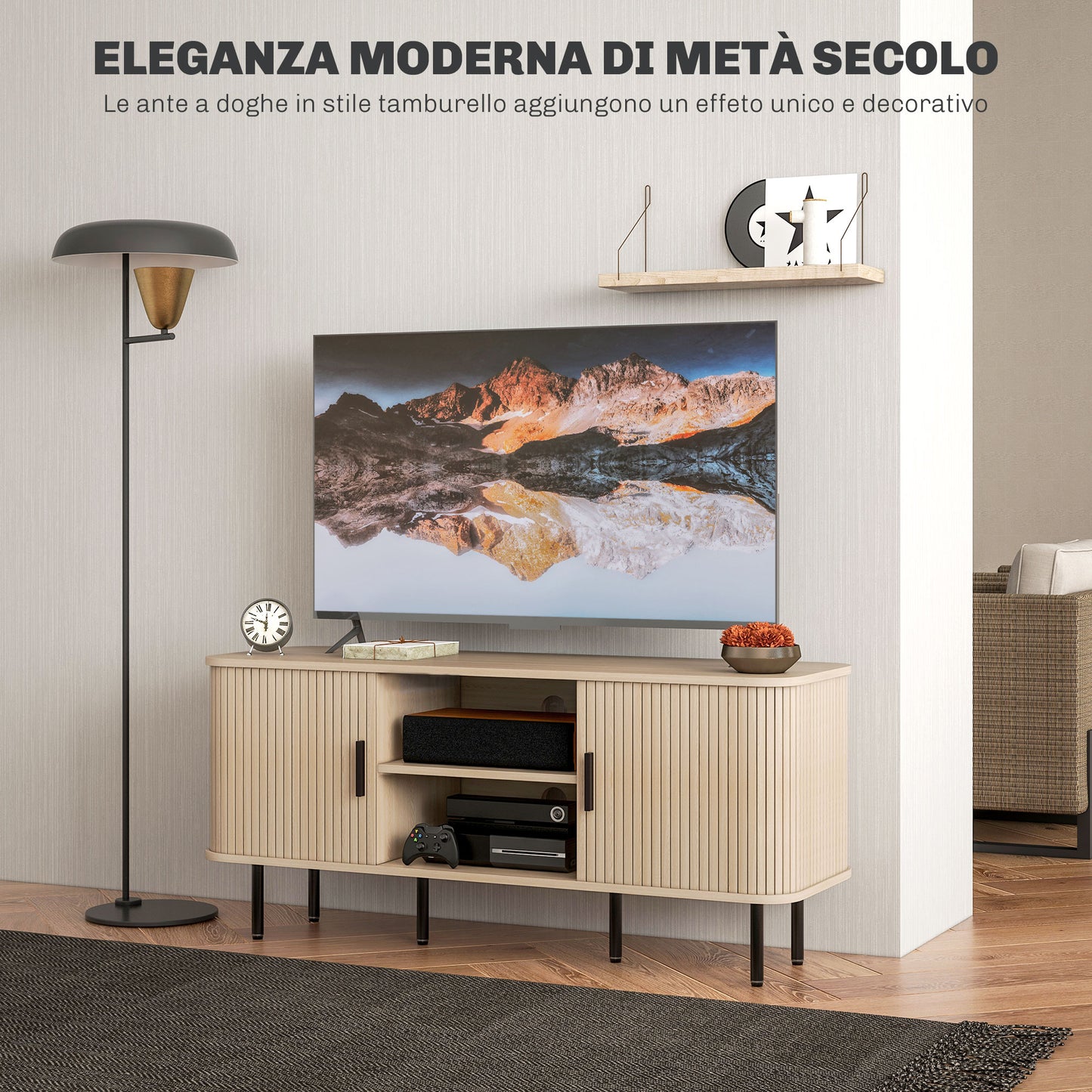 55" TV Cabinet with 2 Cabinets and 2 Shelves in Wood and Steel, 120x40x55 cm, Black and Oak