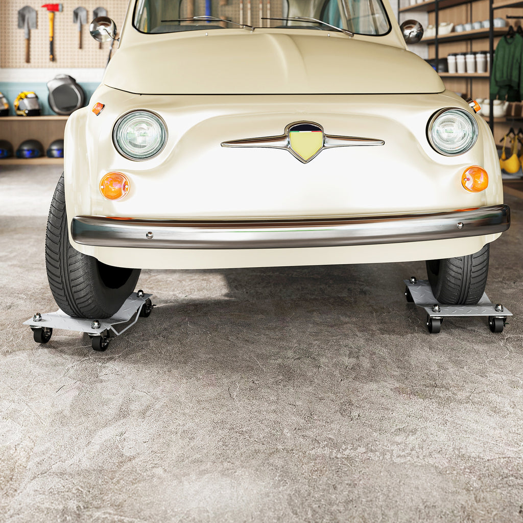 Set of 2 Non-Slip Metal Car Dollies with Lockable Swivel Wheels, Silver