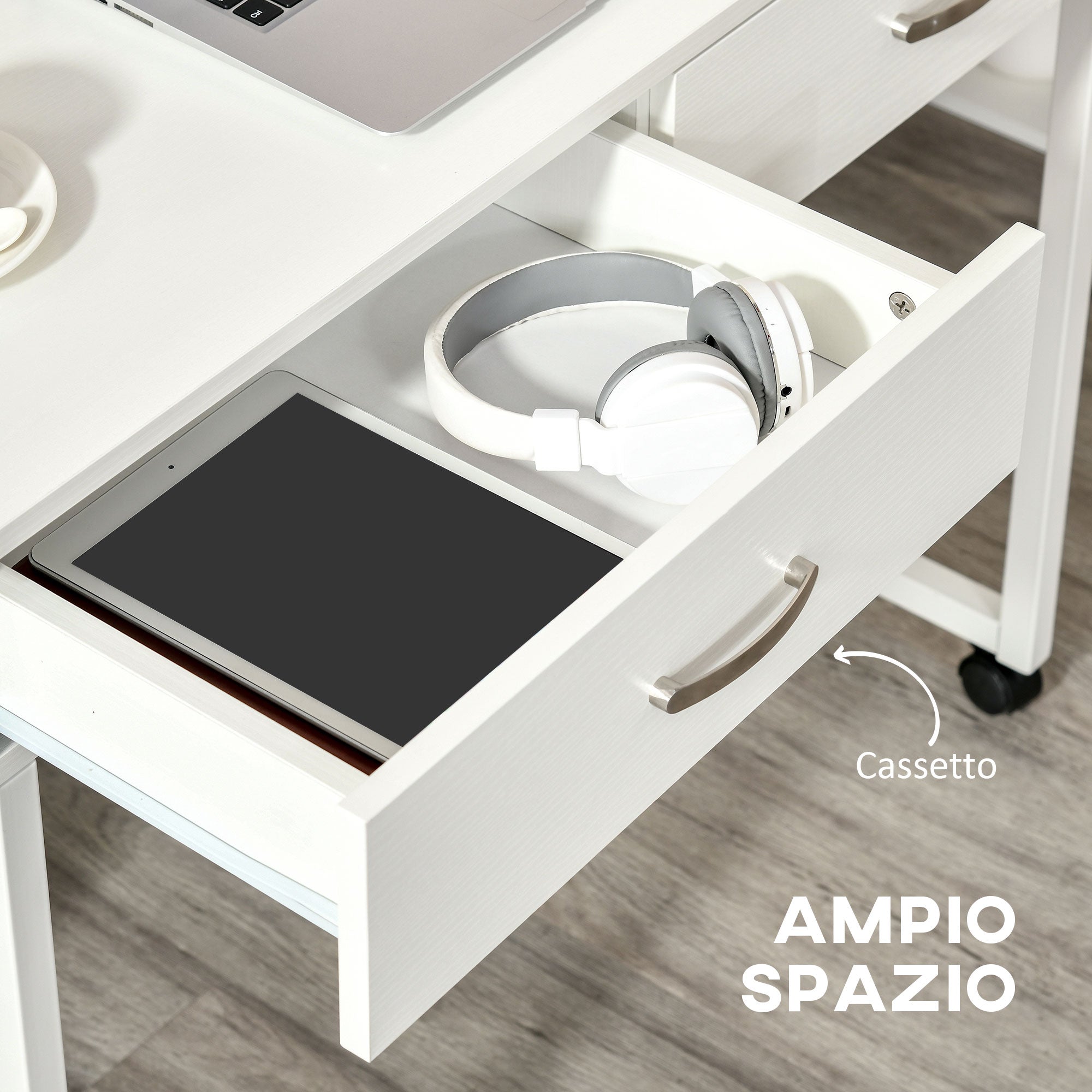 Space-Saving Desk Table for Bedroom and Office, Writing Desk with Drawers and Wheels, Double or Single Workstation, 100x36x88cm, White