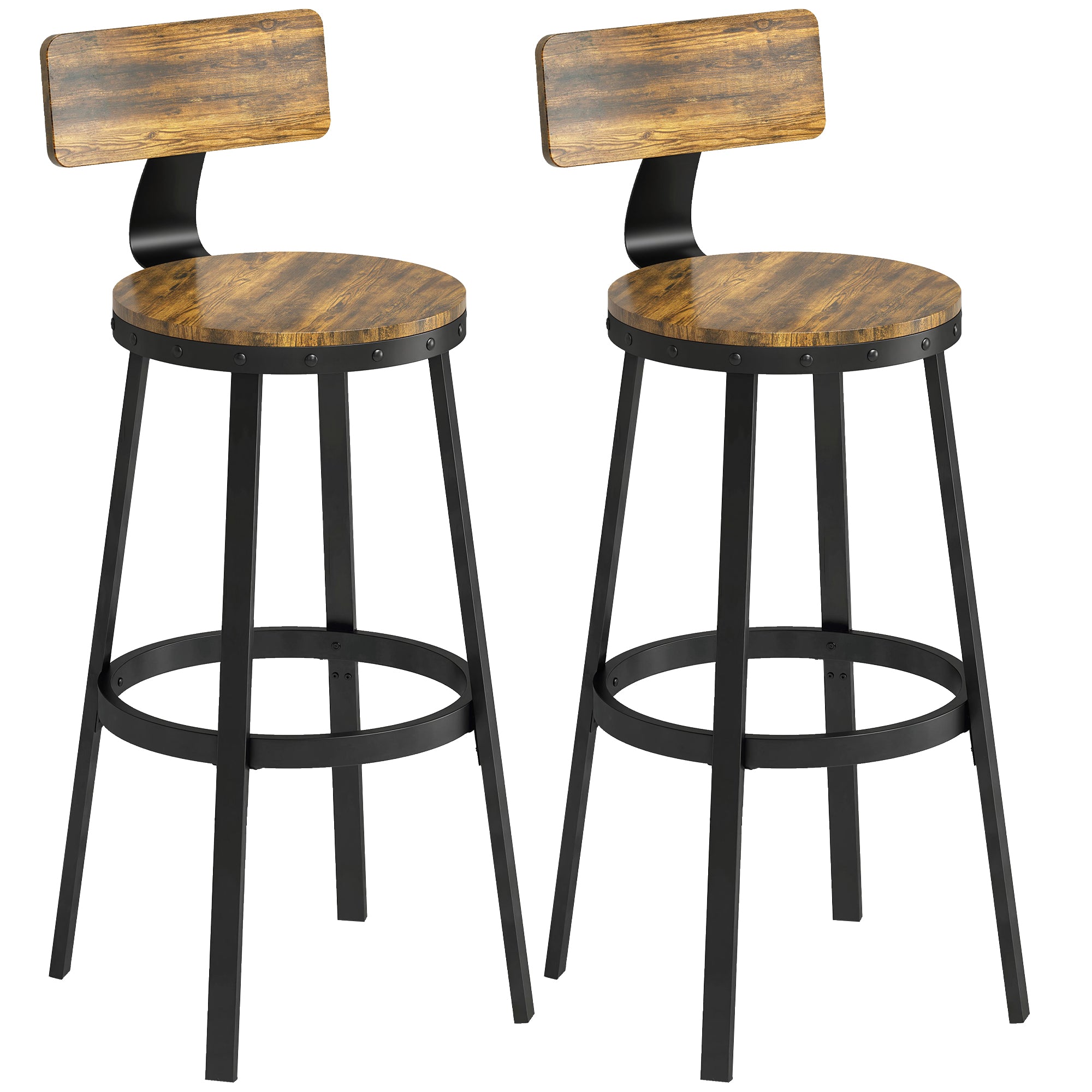 Set of 2 Rustic Bar Stools with Footrest, Wood and Metal, 37x47x96 cm, Brown