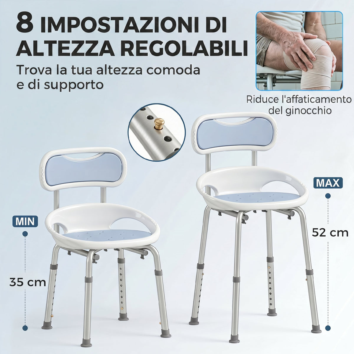 HOMCOM Shower Chair with Backrest and Perforated Seat, 8 Adjustable Heights, Non-Slip, Load Capacity 136kg, Blue